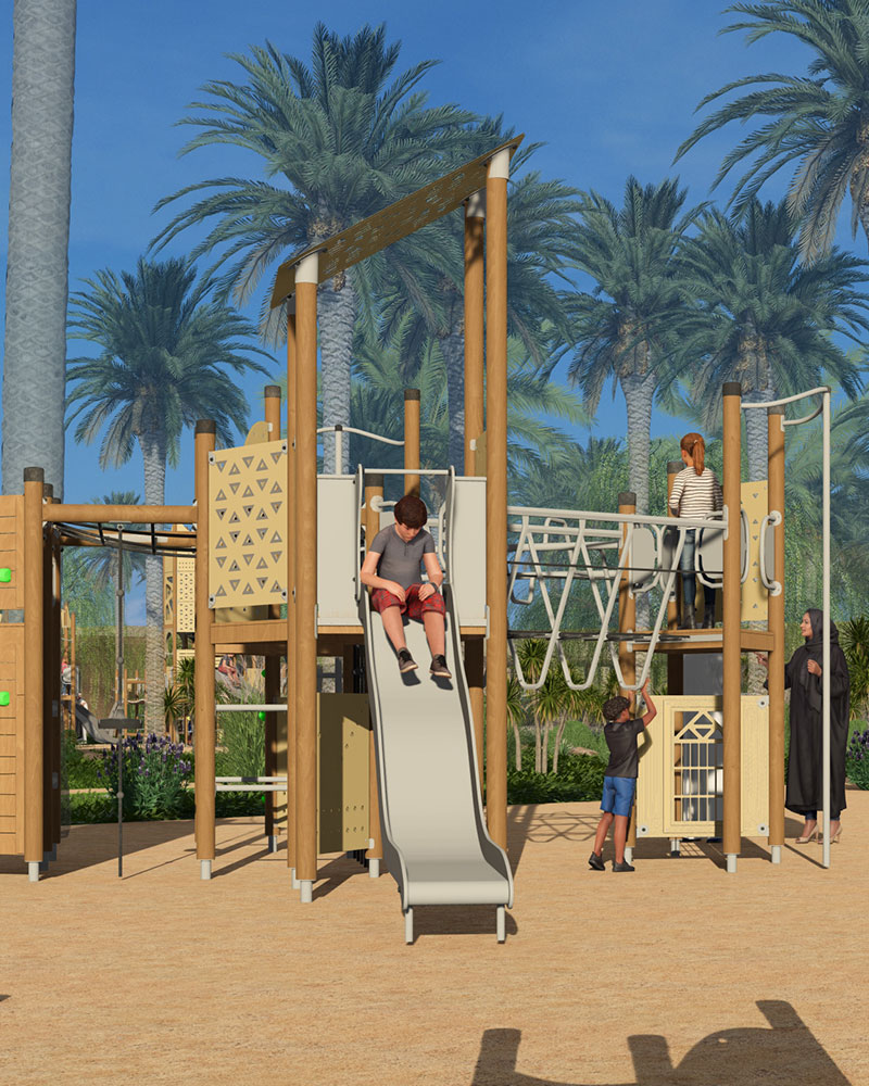 A large playground with neutral colours, set against a backdrop of arabic inspired city scape.